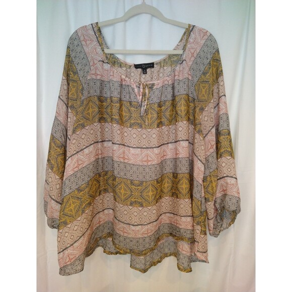 Fred David blouse plus size 3X sheer tie-neck geometric stripe long sleeve top - Picture 1 of 11